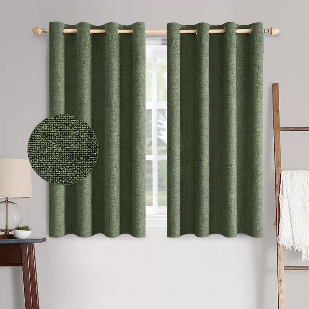 MIULEE 100% Blackout Linen Textured Curtains - Olive Green Thermal Insulated Drapes | 52 x 45 Inch (2 Panels)