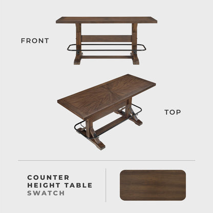 Lexicon 78 Inch Rectangular Counter Height Dining Table for 6, Rustic Farmhouse Kitchen Table, Rubberwood, Acacia Veneer, Black Metal Footrest, for Dining Room/Kitchen, Brown