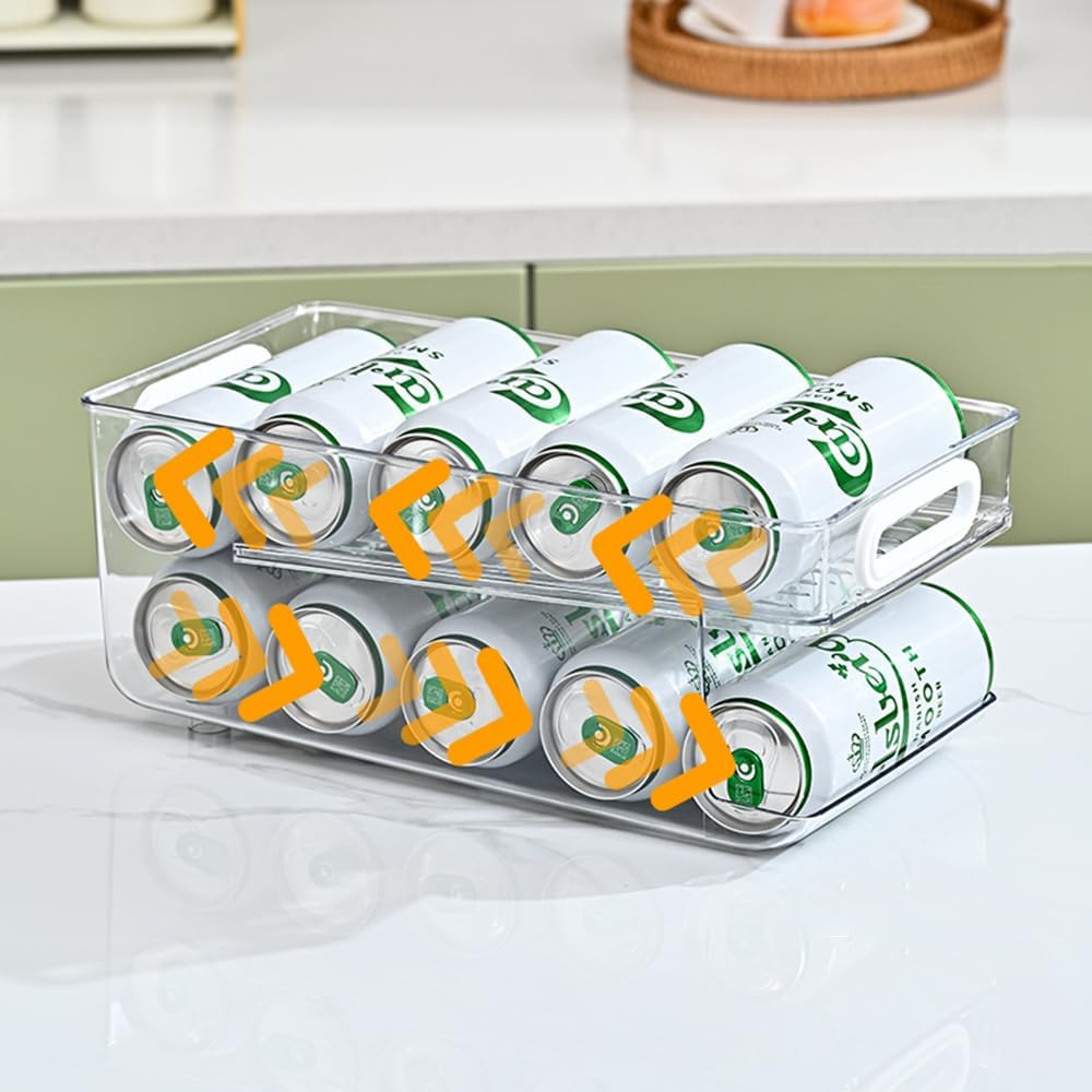 Upgrade 2-Tier Rolling Soda Can Storage Organizer, Tall Skinny Soda/Pop Cans Dispenser for Refrigerator, Plastic