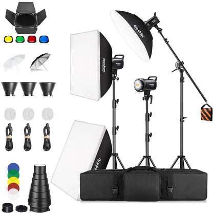 Godox SL60IID Softbox Lighting Kit Professional Studio Equipment with Softbox, SL60II-D 75W LED Video Light 3-Light Kit with APP control, Reflector, light stand, Boom Arm for Portrait Product Shooting