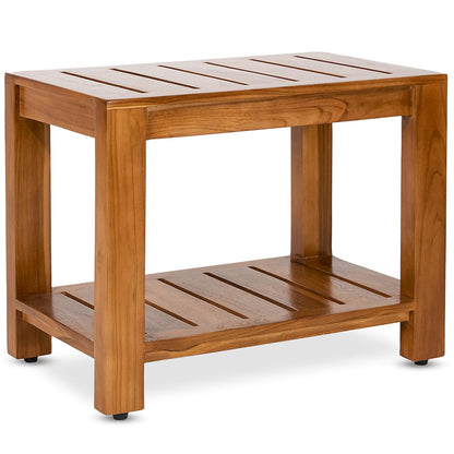 TeakCraft Teak Shower Bench with Shelf, 24” Wide, Shower Stool, Fully Assembled Bathroom Shower Seat, Water-Resistant Spa Bath Bench for Shower, Bathroom & Entryway, The Tara