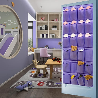 24 4 Over The Door Hanging Shoe Organizer Shoe Rack Hanger Large Fabric Pockets Holder with Sturdy Hooks (PURPLE)
