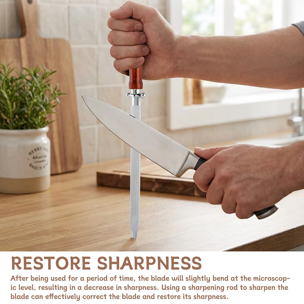 Knife Sharpener Rod 10-inch Carbon Steel Honing Rod with Non-Slip Wooden Handle and 2pcs Sharpening Tools, Ergonomic Knife Sharpening Steel for All Chef Knives