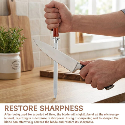 Knife Sharpener Rod 10-inch Carbon Steel Honing Rod with Non-Slip Wooden Handle and 2pcs Sharpening Tools, Ergonomic Knife Sharpening Steel for All Chef Knives