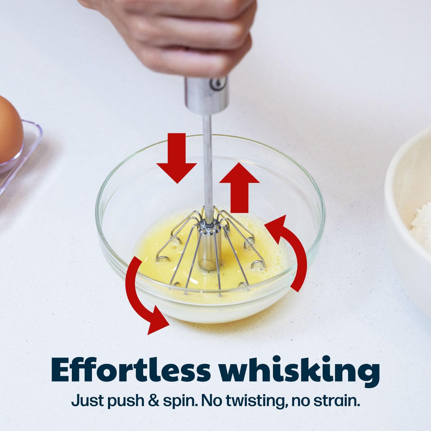 14 Inch Stainless Steel Egg Beater - Durable & Easy to Use Push-Down Zip Whisker - Rotary Hand Mixer for Beating Eggs, Frothing Milk, Blending, Mixing, Whipping Smoothies & Shakes - Hand Whisk