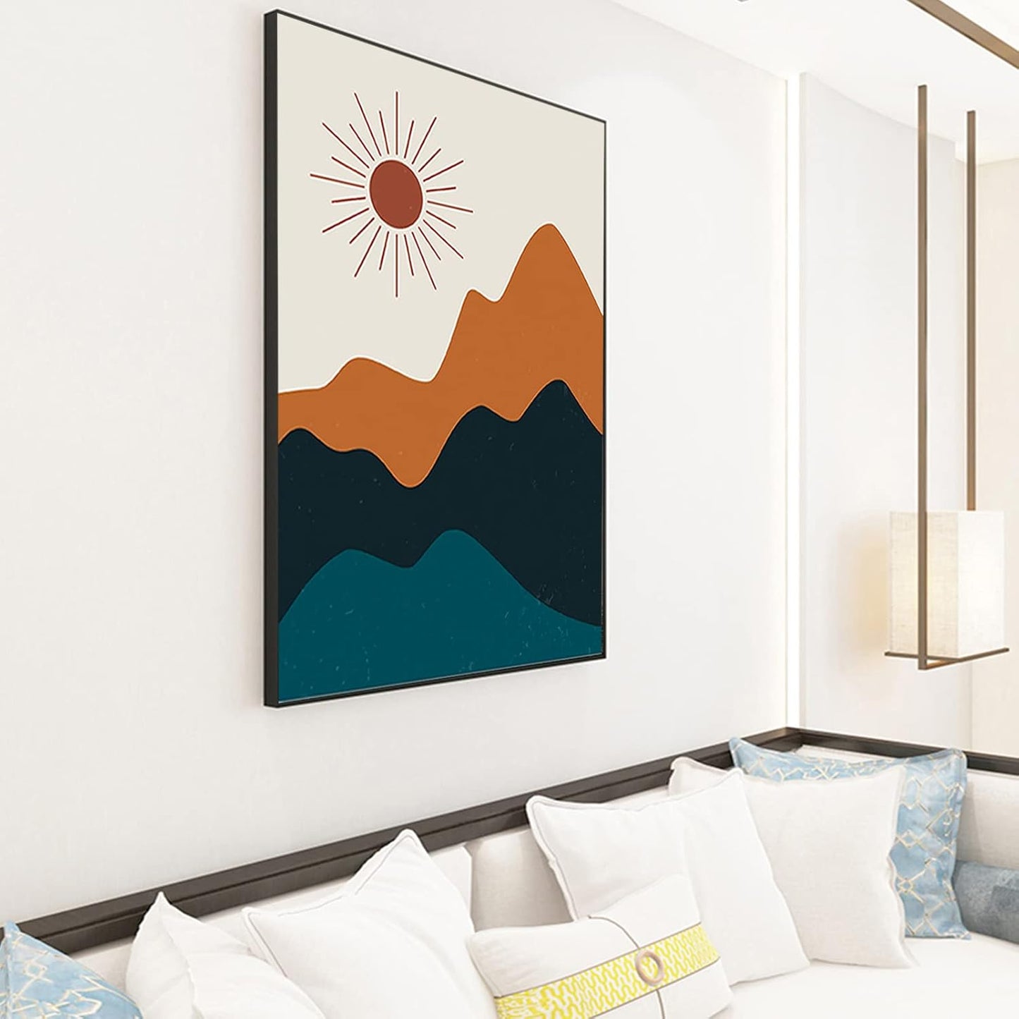 Bankrenart Boho Wall Art, Mid Century Abstract Sun and Moon River Landscape, Unframed Canvas Print for Living Room