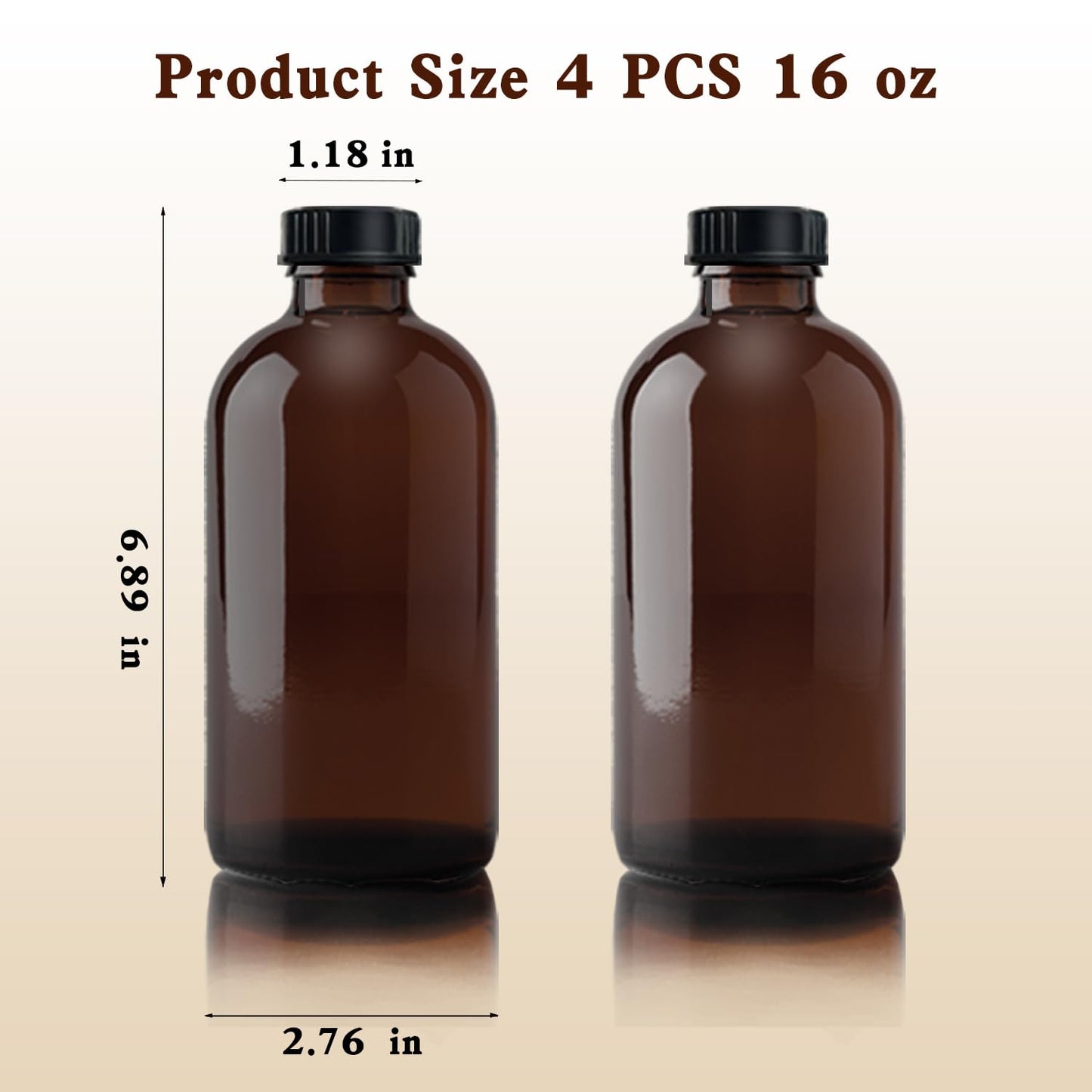 Popokeegoo 4Pcs 16 oz Amber Glass Bottle Brown Round Bottles with Caps, for Vanilla Extract Homemade, for Syrup Gift Glass Food Storage Canister Set, Sauce Beans, Essential Oil
