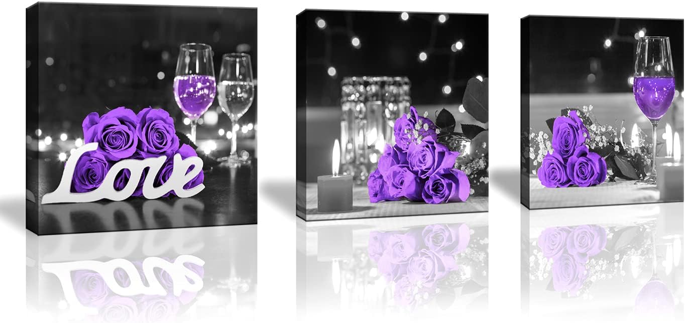 Purple Rose Flower Pictures Wall Art Decor for Kitchen, Wine Glass, Candle, Love, 3 Piece Canvas Prints Set 12x12inch