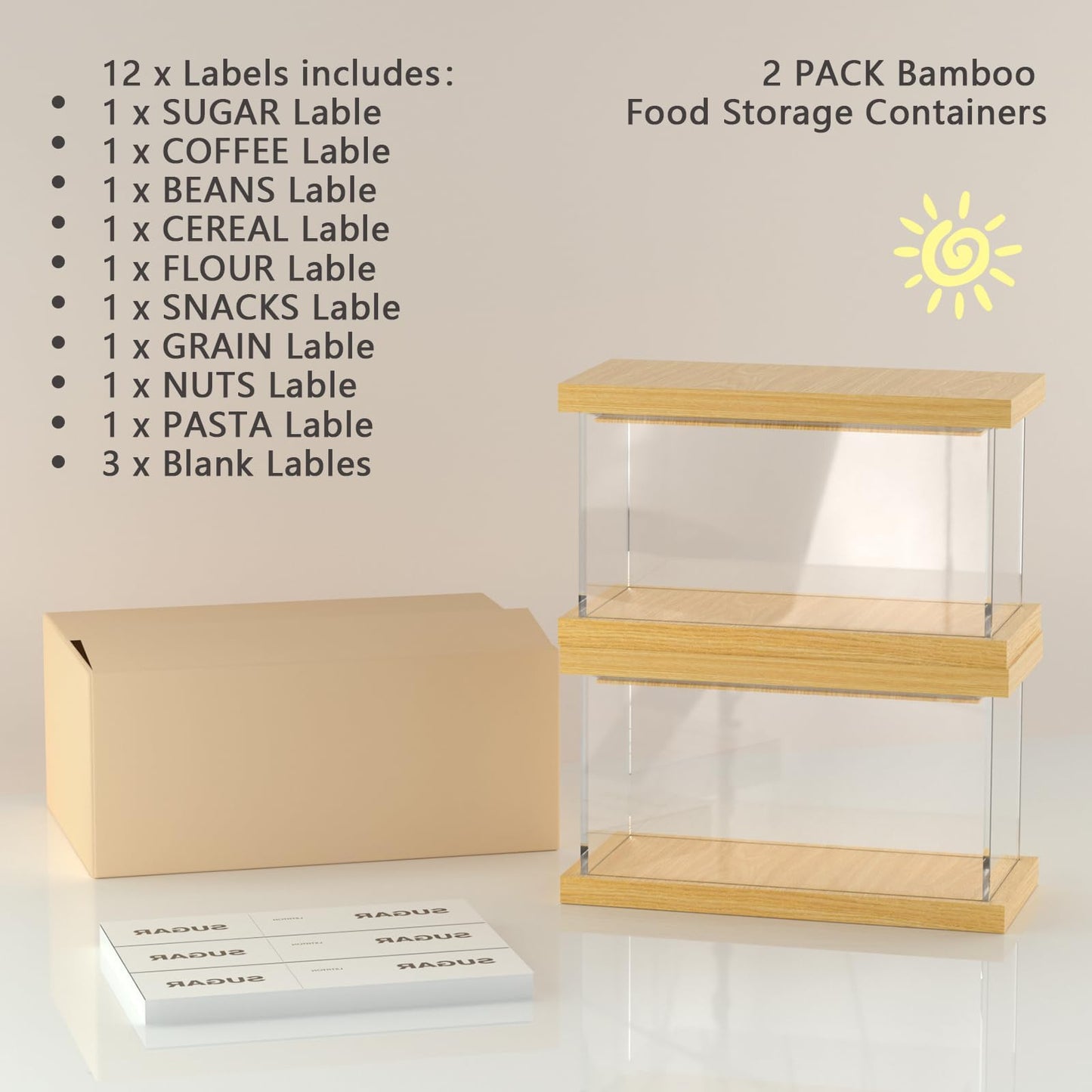 Liitrton Bamboo Food Dispenser 2 PCS -1.2L Airtight Cereal Containers with Bamboo Lids & 12 Labels, Kitchen Pantry Organizers and Storage for Cereal Flour Snack Sugar Storage Container