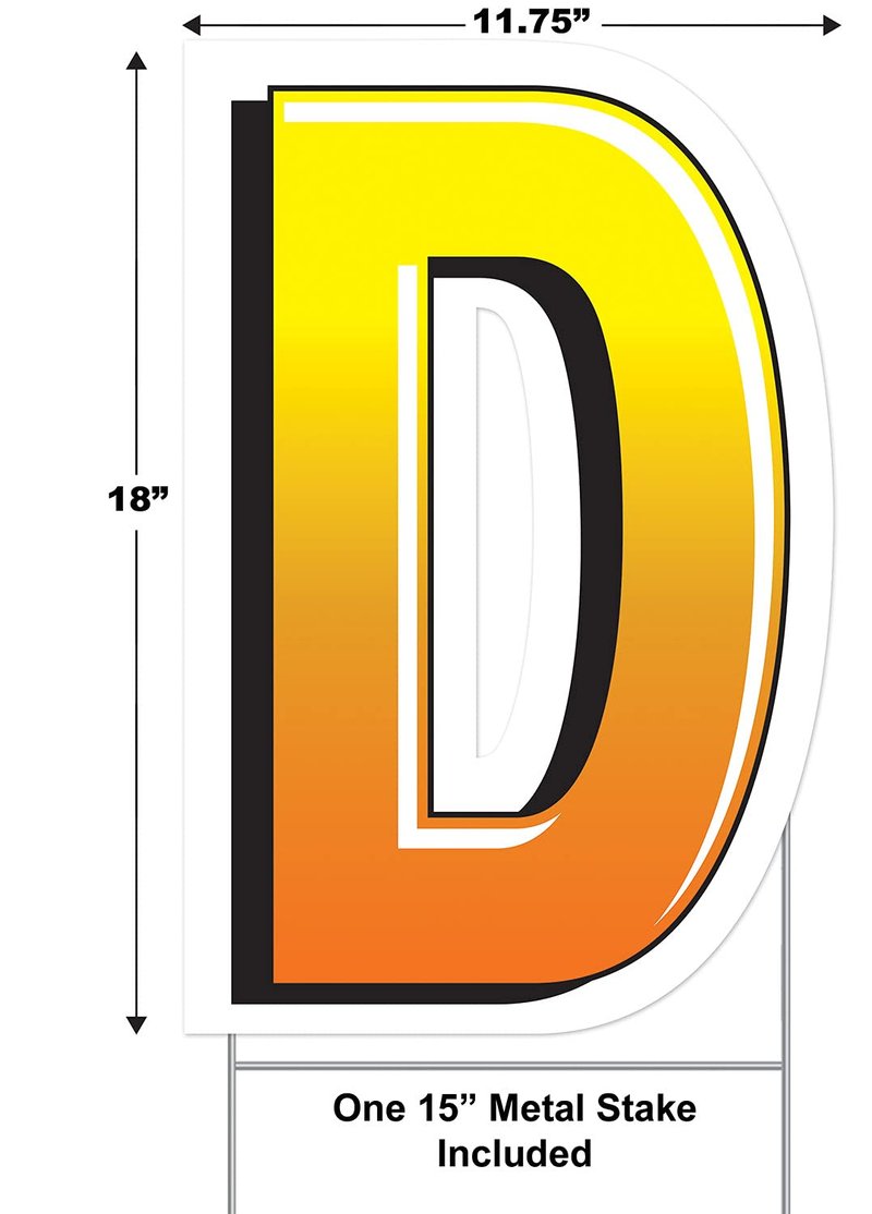Beistle Plastic Letter D Yard Sign with Metal Stakes-Happy Birthday Party Outdoor Lawn Decoration, 18" x 11.75", Yellow/Orange/White/Black