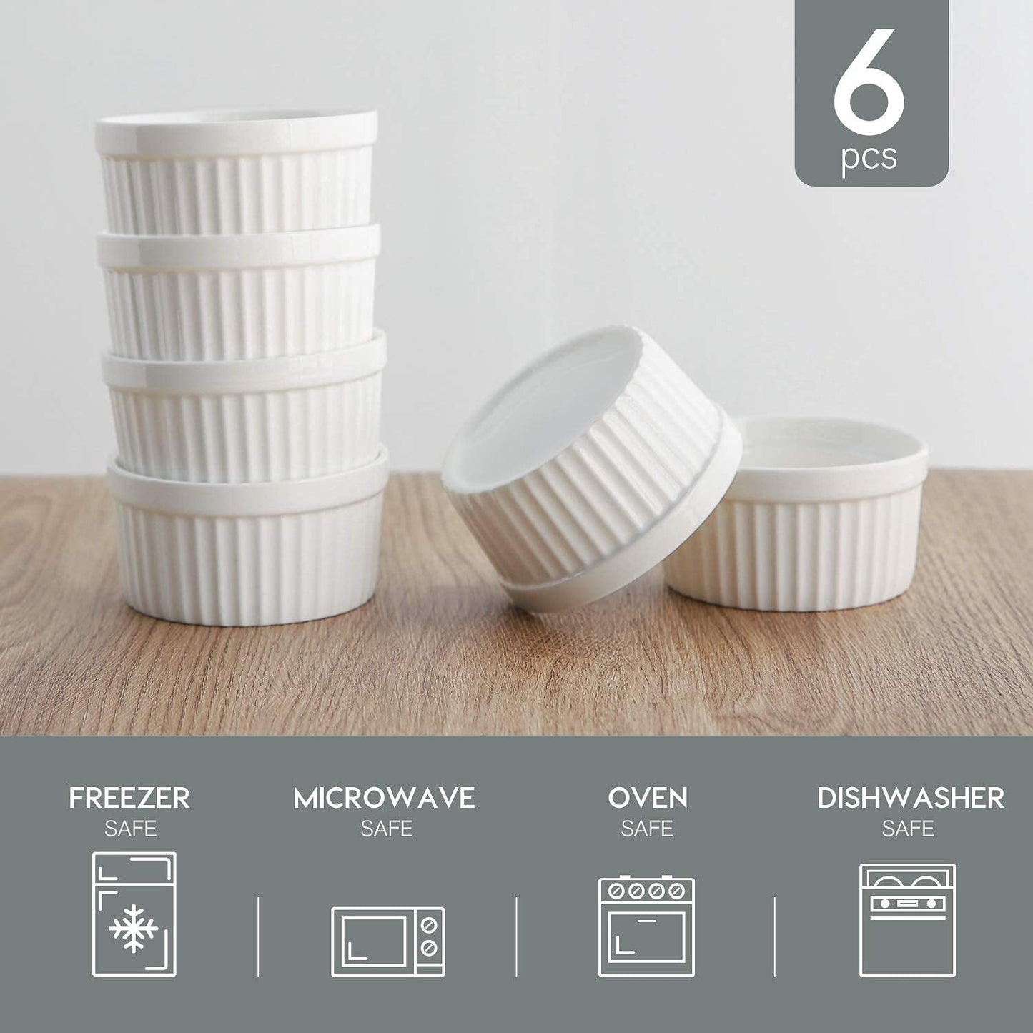 Porcelain Ramekins 4 oz Oven Safe, Small Souffle Dishes for Baking, Set of 6 Ceramic White Mini Bowls