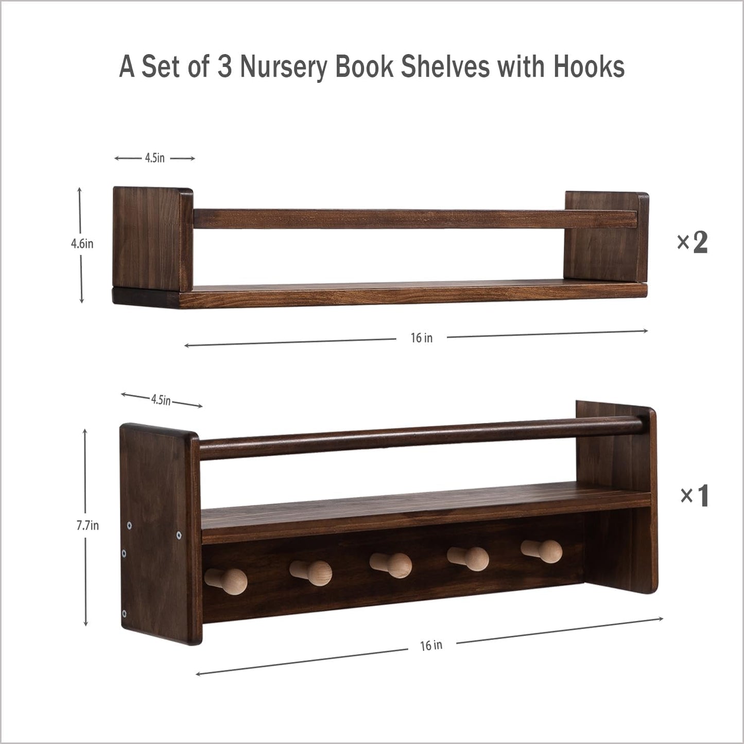 16 Inch Set 3 AZSKY Nursery Book Shelves Wall Floating Bookshelf with Hook Deep Walnut Hanging Book Shelf Toddler Room