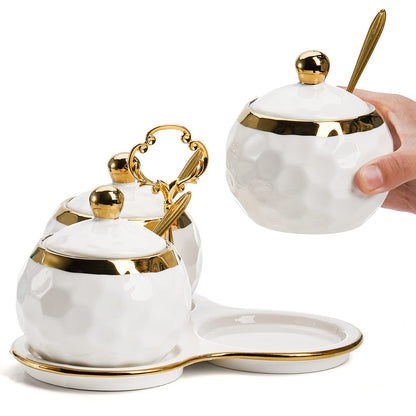 ZENFUN Set of 3 Ceramic Condiment Pots with Trays, Condiment Jars Containers with Lids and Spoons, Porcelain Sugar Salt Bowls Set, White Spice Seasoning Box for Kitchen, Restaurant, Counter, Home