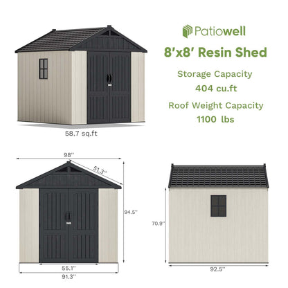 Patiowell 8x8 FT Outdoor Storage Shed, Plastic Shed Resin Garden Tool Shed with Floor & Window & Lockable Door for Patio Furniture, Backyard Tools, Bicycles & Lawnmower, Beige