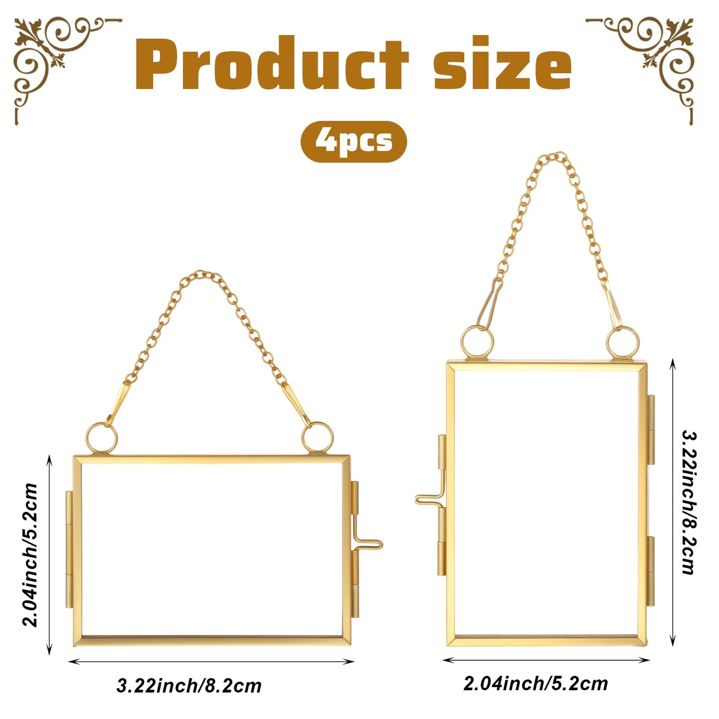 YUXIANLB 4 Pcs Double Glass Frame for Pressed Flowers, 2x3 Inch Picture Frame Mini Brass Wall Hanging Photo Frame with Chain for DIY Plant Specimen Wall Ornament Artwork Display Wall Decor (Gold)