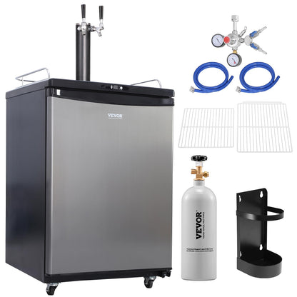 VEVOR Beer Kegerator, Dual Tap Commercial Draft Beer Dispenser for D system, Full Size Keg Refrigerator with 5lbs CO2 Tank, Hold 2 Sixth / 3 Ball lock keg, Silver