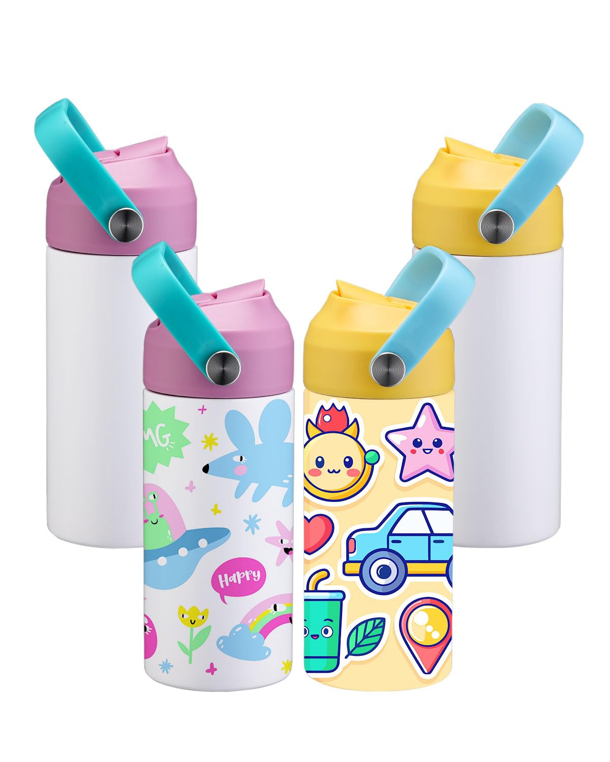 OFFNOVA 12oz Kids Sublimation Tumbler, 4 Pack Stainless Steel Sippy Cup Blank, Vacuum Insulated Water Bottle with Leak-Proof Straw Lid