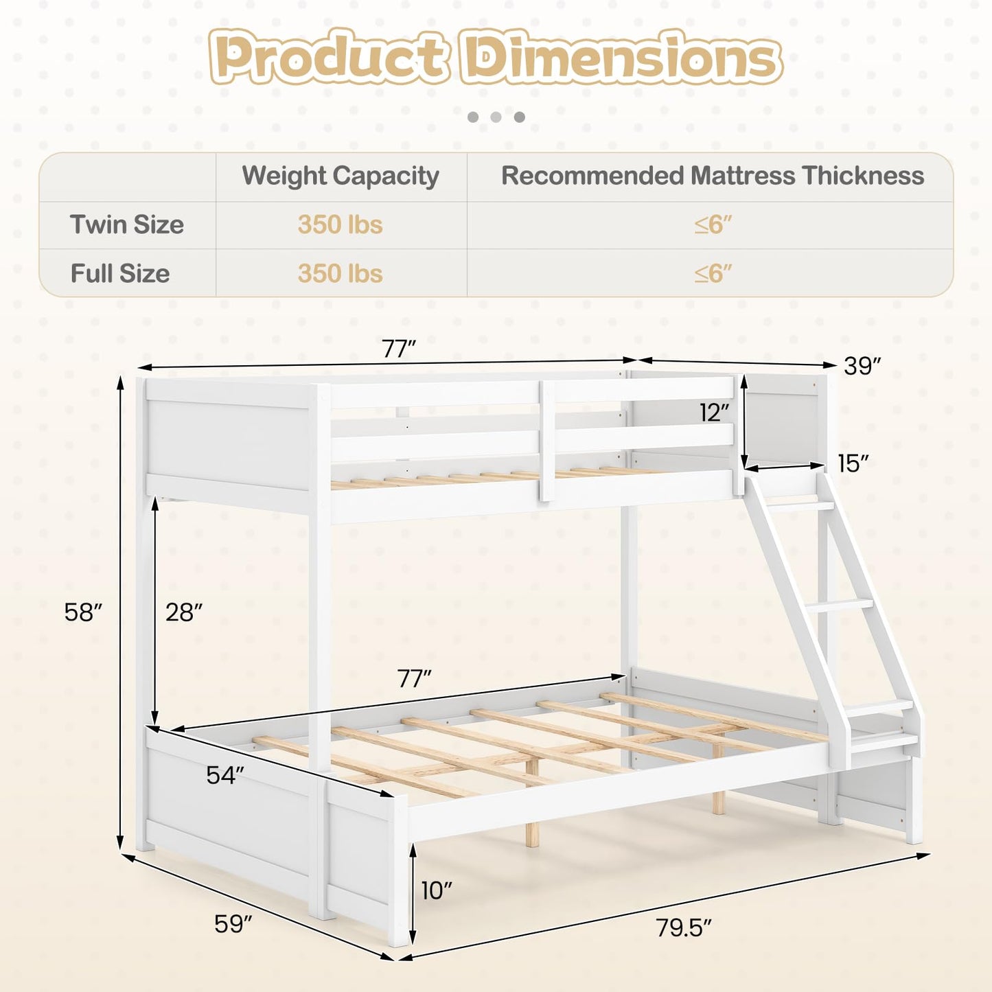 KOMFOTT Twin Over Full Bunk Bed, Pine Bed Frame with 3-Step Ladder, Full-Length Guardrails & 21 Wooden Support Slats, Solid Wood Bunk Bed for Teens, Kids, Adults, Dorms and Apartments (White)