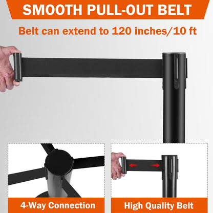 OranclUS 6 Pack Crowd Control Stanchions with 10FT Retractable Belt, Water Filled Base, Black Barrier Posts for Queue Management, Events, and Public Safety