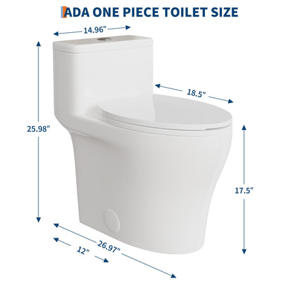 One-Piece Toilets, Low Water Tank, ADA 17.5" Seat Height, Water-Saving Design, Compact Modern Bathroom Toilet