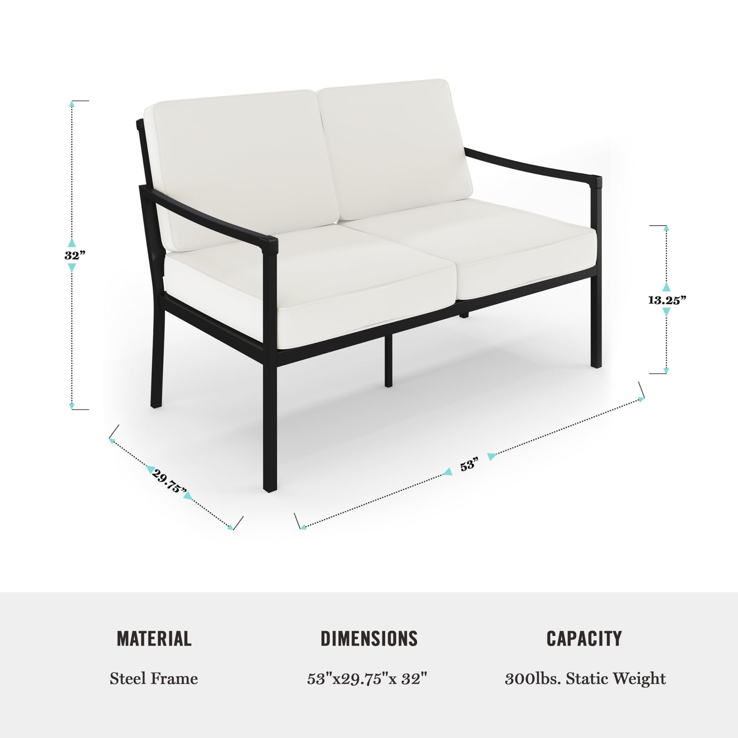 Martha Stewart Lily Pond All-Weather Patio Loveseat with Elevated Backrest Design and Steel Frame in Black with Cream Cushions