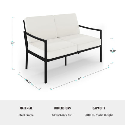 Martha Stewart Lily Pond All-Weather Patio Loveseat with Elevated Backrest Design and Steel Frame in Black with Cream Cushions