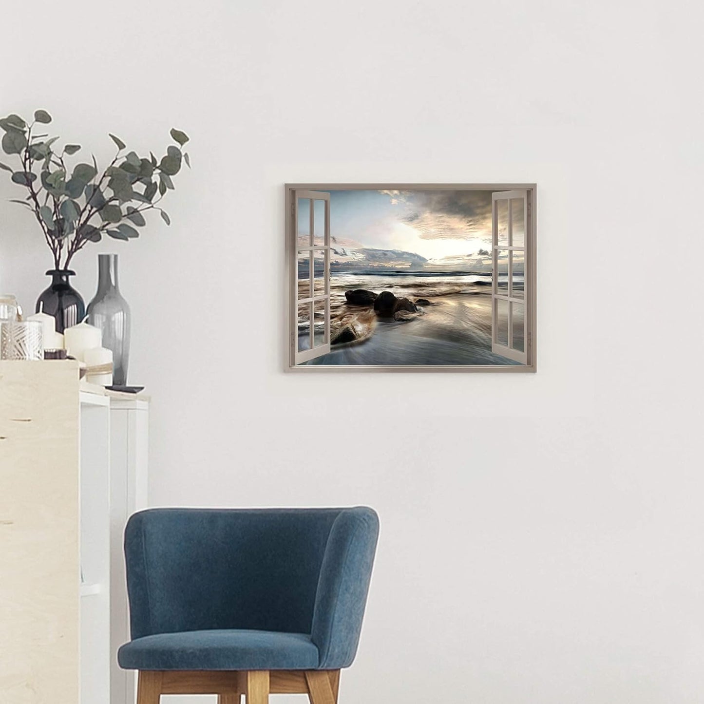 Fake Window Coastal Wall Art - Rocky Beach Artwork Canvas Painting for Bedroom Office Living Room Decor
