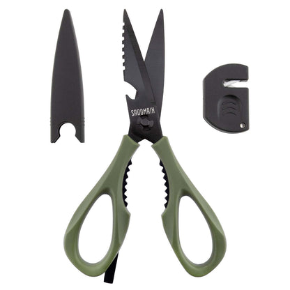 SADOMAIN Kitchen Scissors All Purpose, Extra Sharp Kitchen Shears with Knife Sharpener & Sheath, Solid & Durable Stainless Steel Scissors with ANTI-RUST Black Titanium Plated, Dishwasher Safe - Green