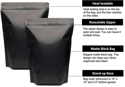 Chamigon 50 Pack 1 Gallon Matte Black Stand Up Food Storage Bags – 5 Mil 10x14 Inches Resealable Food Storage Zipper Pouch Bag, Large Heat Sealable Plastic Foil Packaging Pouches