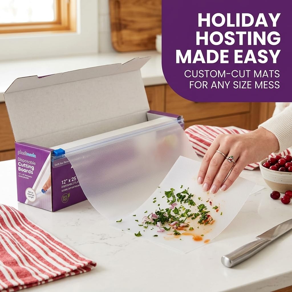 Plastimade Disposable Plastic Cutting Board | Easy To Use Flexible Cutting Board Sheets With Built In Sliding Cutter | For Thanksgiving Cooking Prep, Commercial, Traveling, Tailgating, Camping,