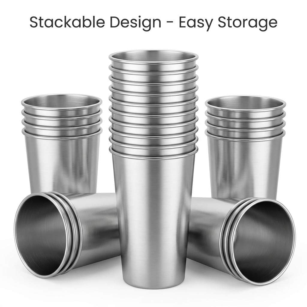 QWORK 13oz Stainless Steel Cups – 16 Pack Stackable Lightweight Metal Tumblers for Home, Camping & Parties