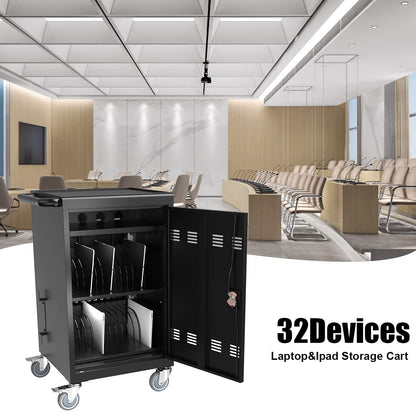 30 Device Mobile Charging Cart, Laptop Charging Cabinet, Mobile Cart, Locking Front and Rear Doors, Surge Protection, Easy Cable Management, Screen Size Up to 16.3 Inch for Classroom, Office Black