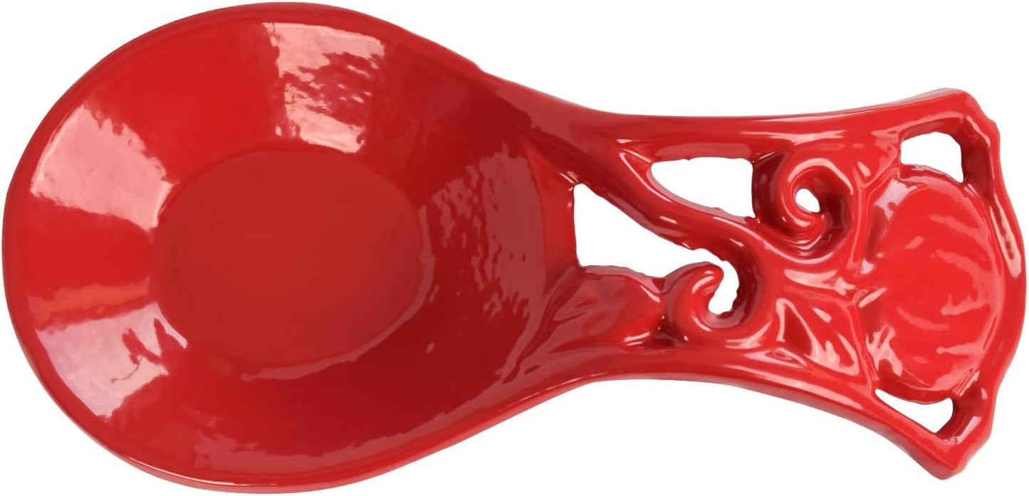 Sturdy Cast Iron Spoon Rest Holder for Stove Top, Unbreakable Kitchen Countertop Ladle Holder, Pumpkin Red