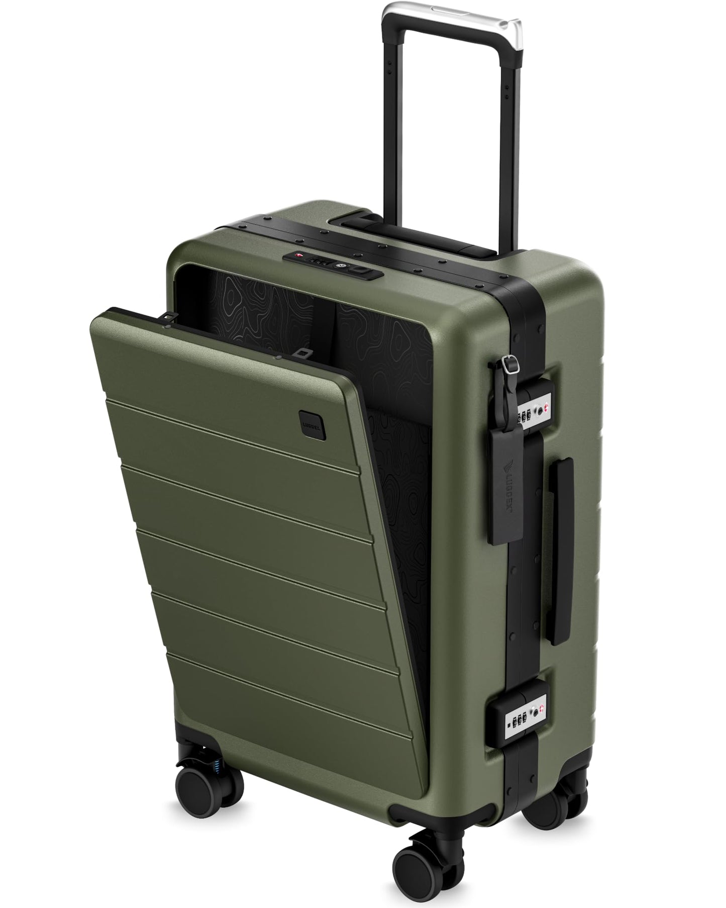LUGGEX 21 Inch Zipperless Carry On Luggage - HUP Pro Front Opening Compartment Suitcase with Spinner Wheels, 38L Capacity, TSA Locks, Airline Approved for Business Travel(ZX-Pro, Olive Green)