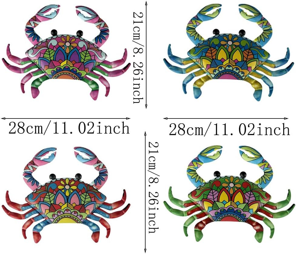 11inch Set 4 SOBLUING Big Crab Wall Decor Metal Crabs Decorations, Tiki Bar Wall Decor Coastal Sculptures for Home
