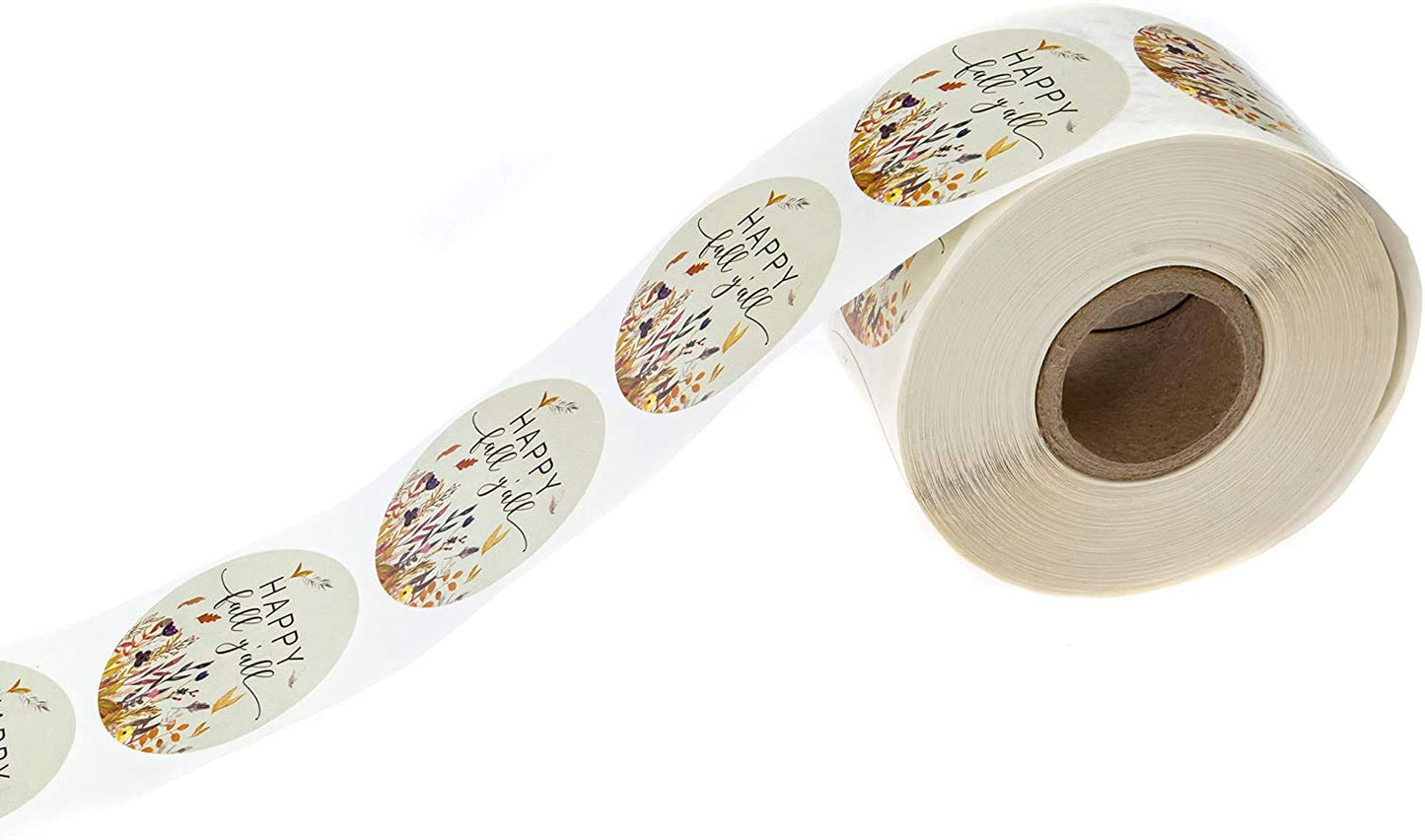 Happy Fall Y'all Stickers / 1.5 Inch Autumn Leaves Circle Labels / 500 Thanksgiving Floral Labels Per Roll