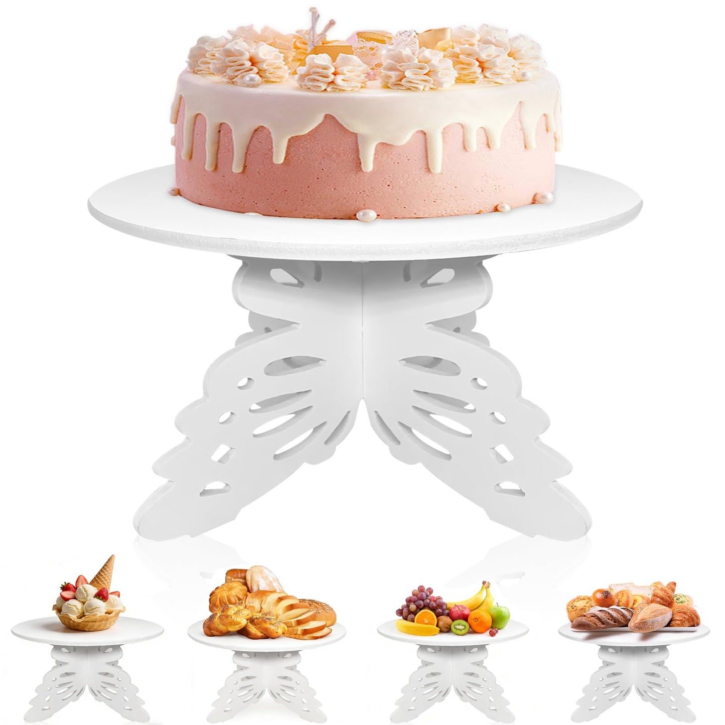 AOCEAN 12 Inch Butterfly Cake Stand, White Butterfly PVC Cake Holder for Birthday Wedding Party, Round Cake Stand for Dessert Table