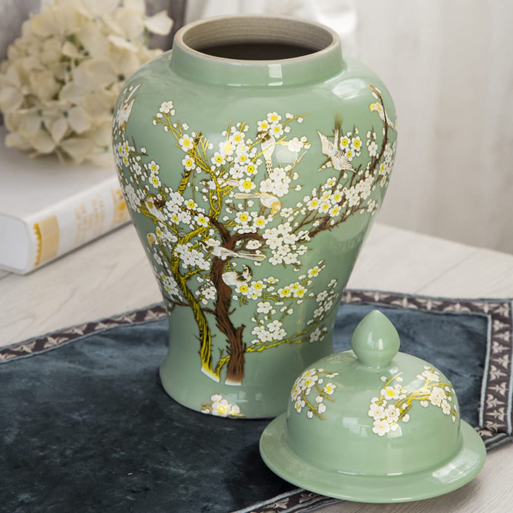 Green Ceramic Ginger Jar With Lid For Home Decor,Traditional Trees And Flowers Temple Jar, Jingdezhen Handcrafted Porcelain Vase Centerpiece Decor M (Green L) (Gr