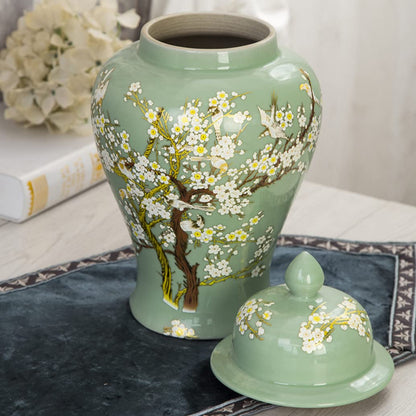 Green Ceramic Ginger Jar With Lid For Home Decor,Traditional Trees And Flowers Temple Jar, Jingdezhen Handcrafted Porcelain Vase Centerpiece Decor M (Green L) (Gr