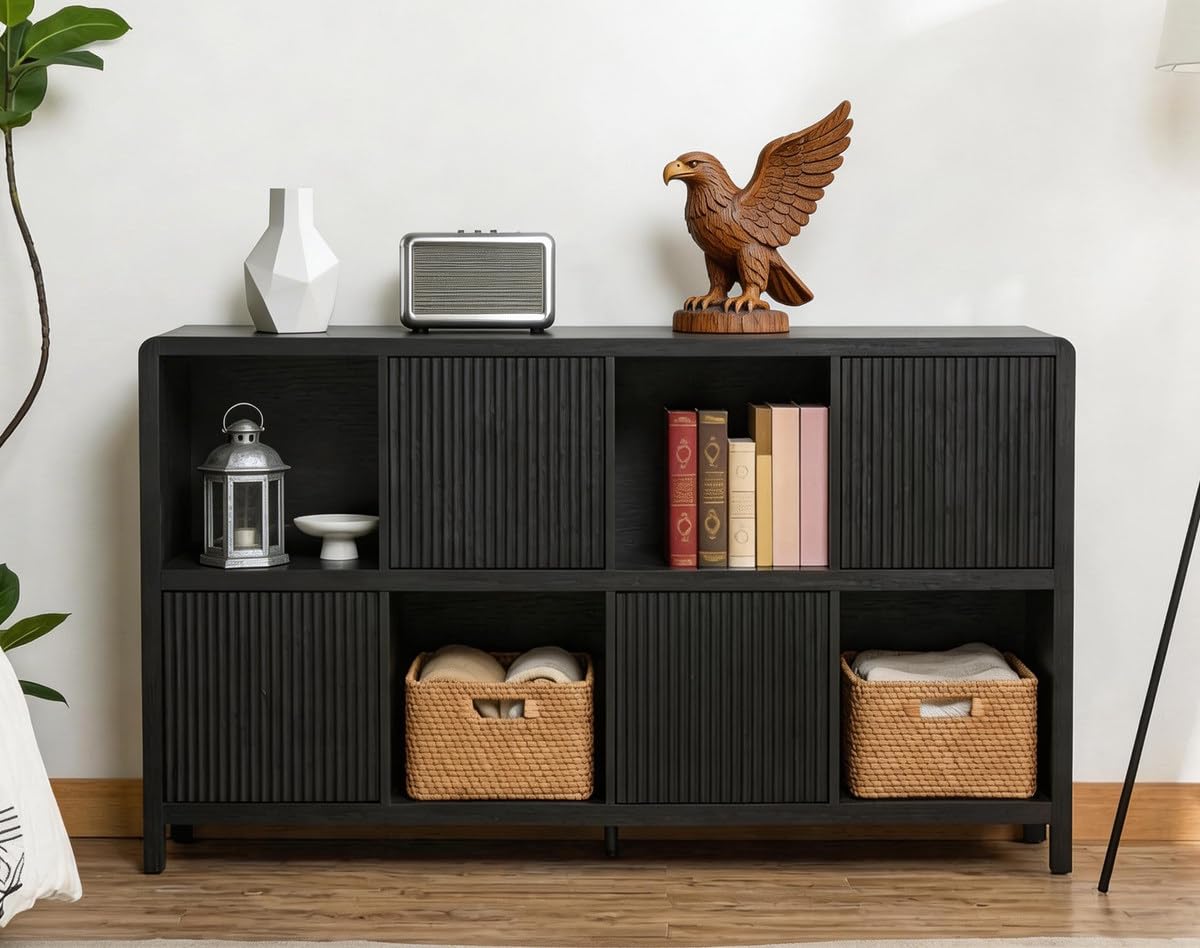 FATORRI 8 Cube Storage Organizer Bookshelf with 4 Doors, Low Horizontal Bookcase with Storage, Long Wood Book Shelf for Dining, Home Office (Black)