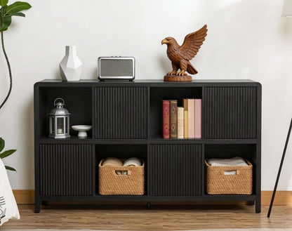 FATORRI 8 Cube Storage Organizer Bookshelf with 4 Doors, Low Horizontal Bookcase with Storage, Long Wood Book Shelf for Dining, Home Office (Black)