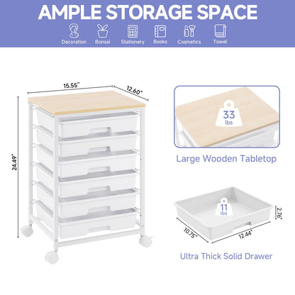 SYKIARIOL Rolling Cart with Drawers,Utility Cart with 6 Drawers,Rolling Storage Cart with Drawers and Wooden Tabletop & Lockable Wheel,White