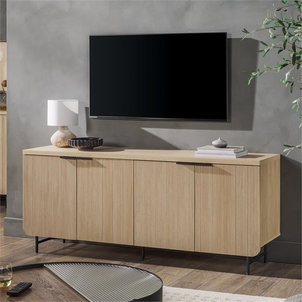 Walker Edison Reema Fluted 4-Door Kitchen Sideboard Buffet Console, 69 Inch, Coastal Oak