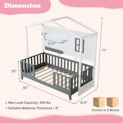 Giantex Twin House Bed, Solid Wood Montessori Bed Frame with 2 Storage Shelves, Fence & House Roof, Wood Slat Support, Low Twin Bed Frame for Kids Teens Girls Boys, No Box Spring Needed, White & Grey