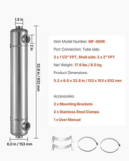 VEVOR Pool Heat Exchanger, 360K BTU Swimming Pool Heater Exchanger, 316L Stainless Steel Construction, High Efficiency Water to Water Transfer Heating System for Spa, Hot Tub, Indoor/Outdoor, Silver