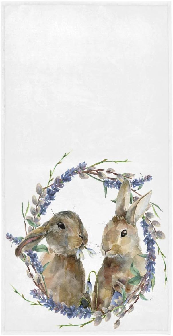 Wamika Spring Easter Bunny Hand Towels - Lavender Floral Wreath Rabbits Face Towel, 16 X 30 in, Soft Thin Guest Towel