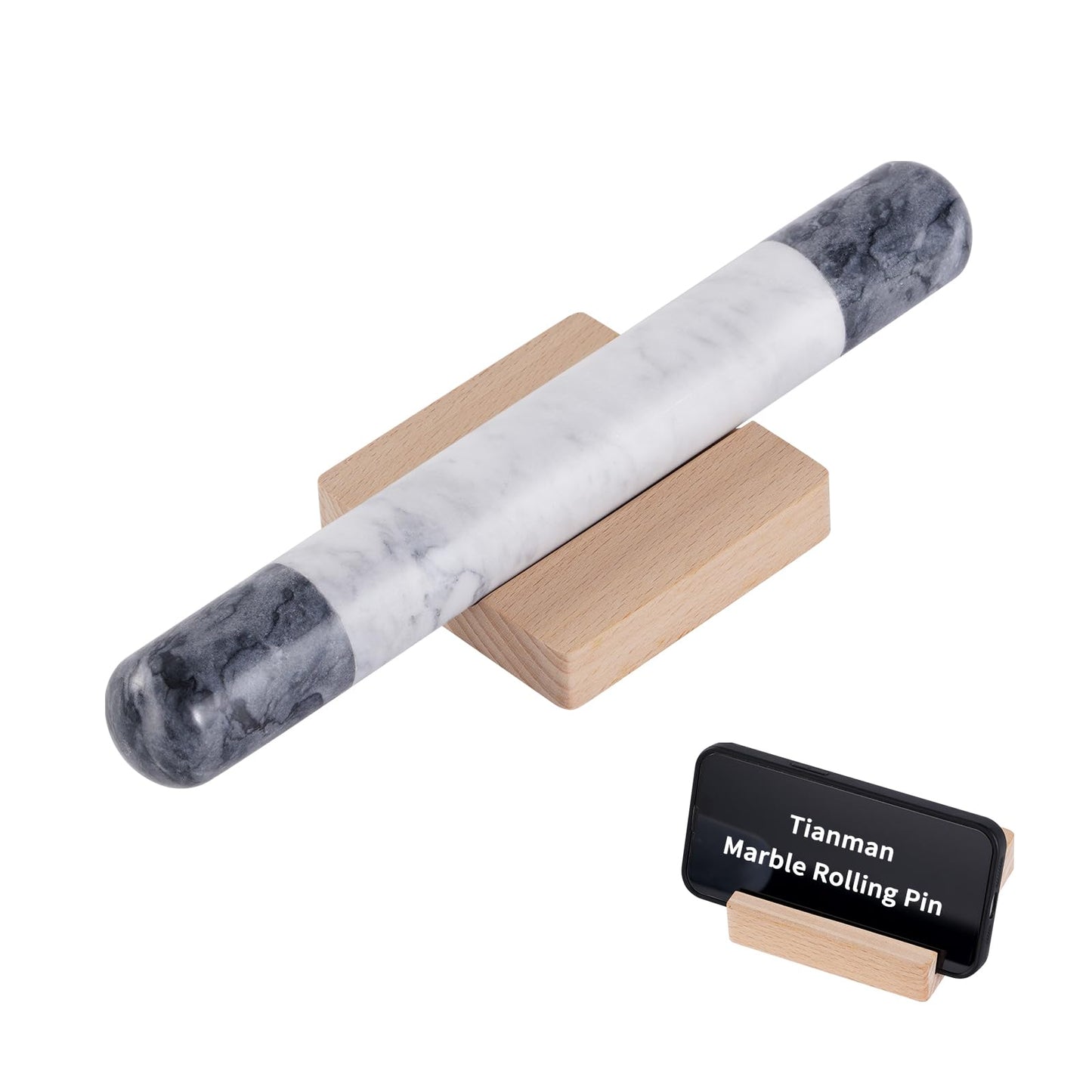 Tianman French Marble Rolling Pin.12 Inchs Marble Rolling Pin for Baking With Wooden Base Holder Stand-Non-Stick Baking Roller for Baking Fondant, Pizza,Cookies,Crust,Pasta(Black-White-Blakc)