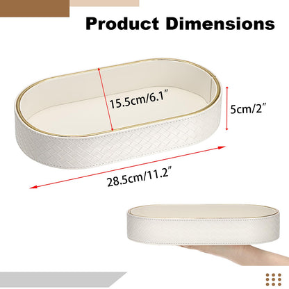 Hipiwe PU Leather Valet Tray with Gold Line Perfume Vanity Tray Catchall Tray for Jewelry Trinket Oval Bedside Nightstand Organizer for Home Decor, White