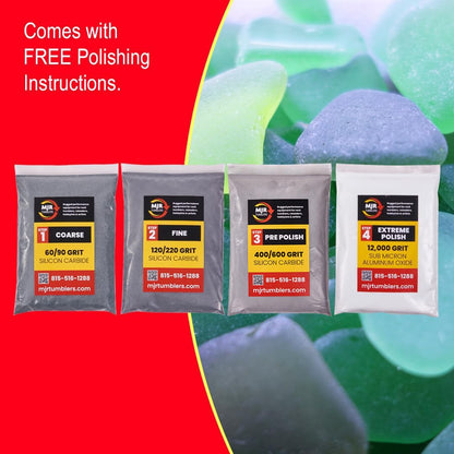 MJR Tumblers Rock Tumbler Grit Kit Refill for 15lb Tumblers, 4 Step Silicon Carbide & 12,000 Grit Aluminum Oxide Polish, Stone Polishing Kit for Rotary & Vibratory Rock Tumblers