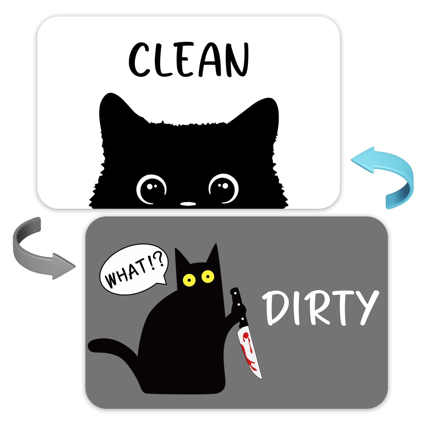 Funny Black Cat Cartoon Clean Dirty Dishwasher Magnet, Washing Machine Magnets Flip, Cute Cat Refrigerator Clean Dirty Sign, Double Sided Reversible Non Scratch Dish Washer Magnet Sign (White&Gray)